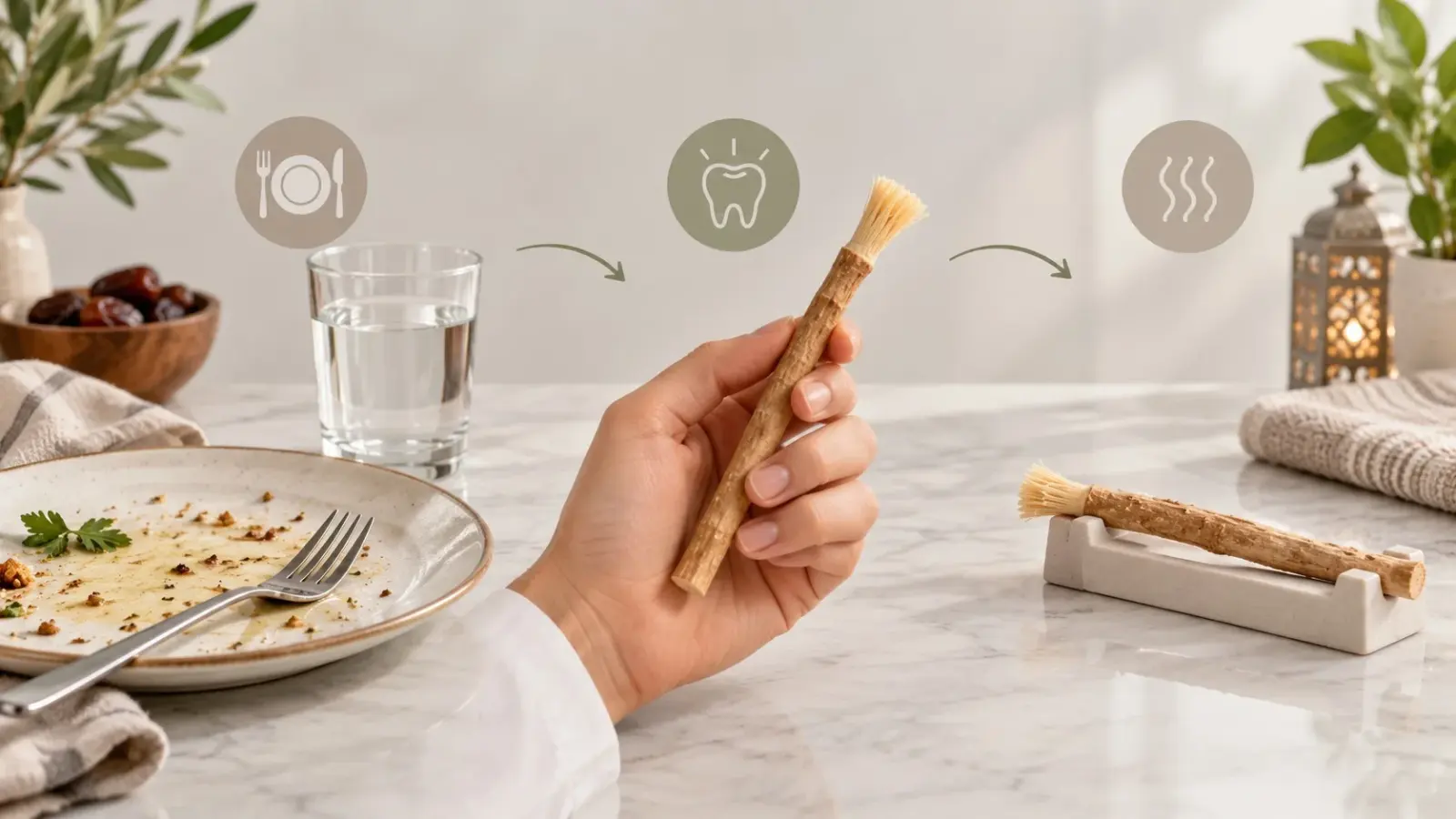 Schéma visuel en trois étapes pour décider d’utiliser le miswak après un repas.