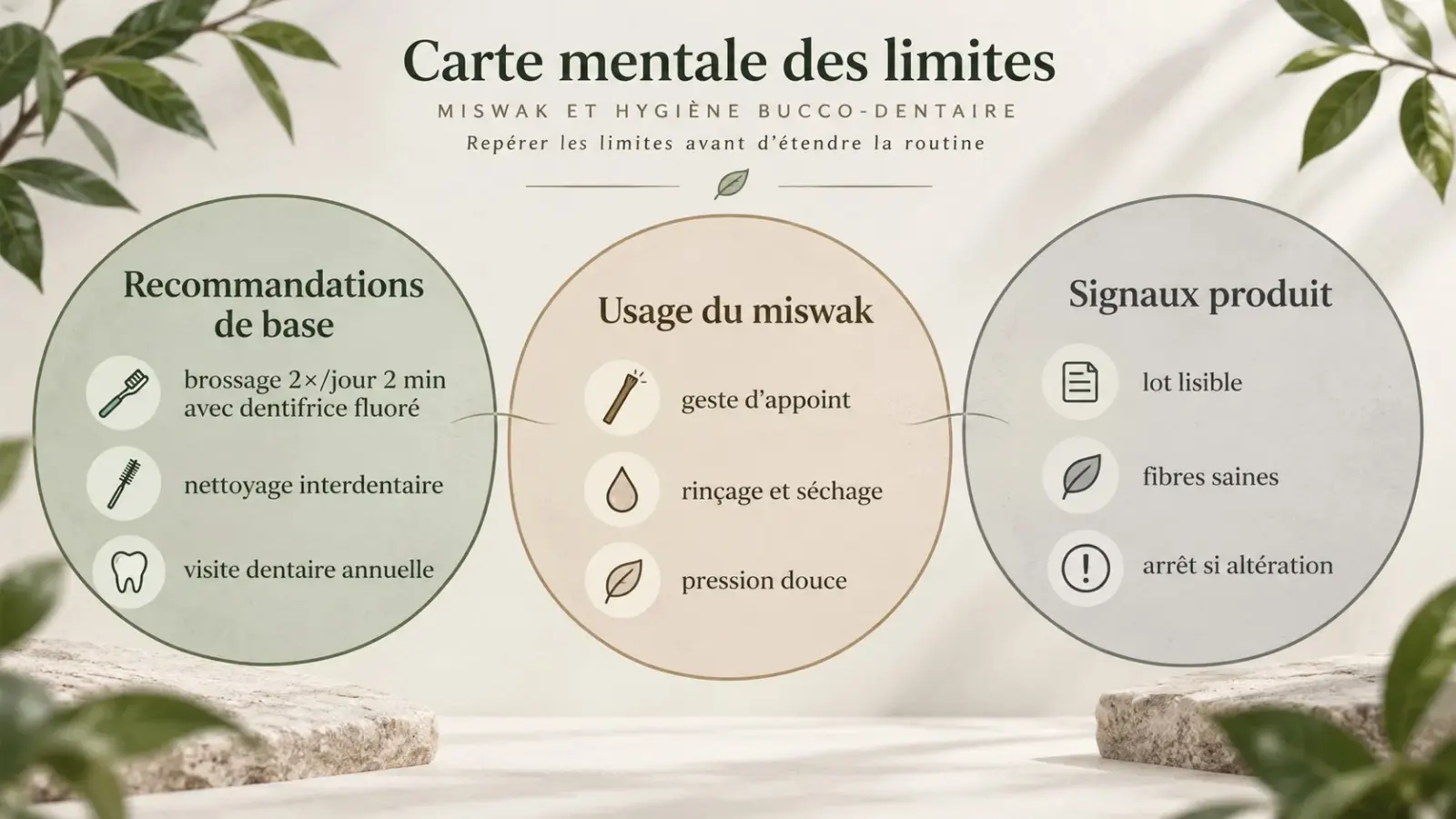 Infographie en trois cercles : recommandations de base, usage du miswak et signaux produit liés au lot.