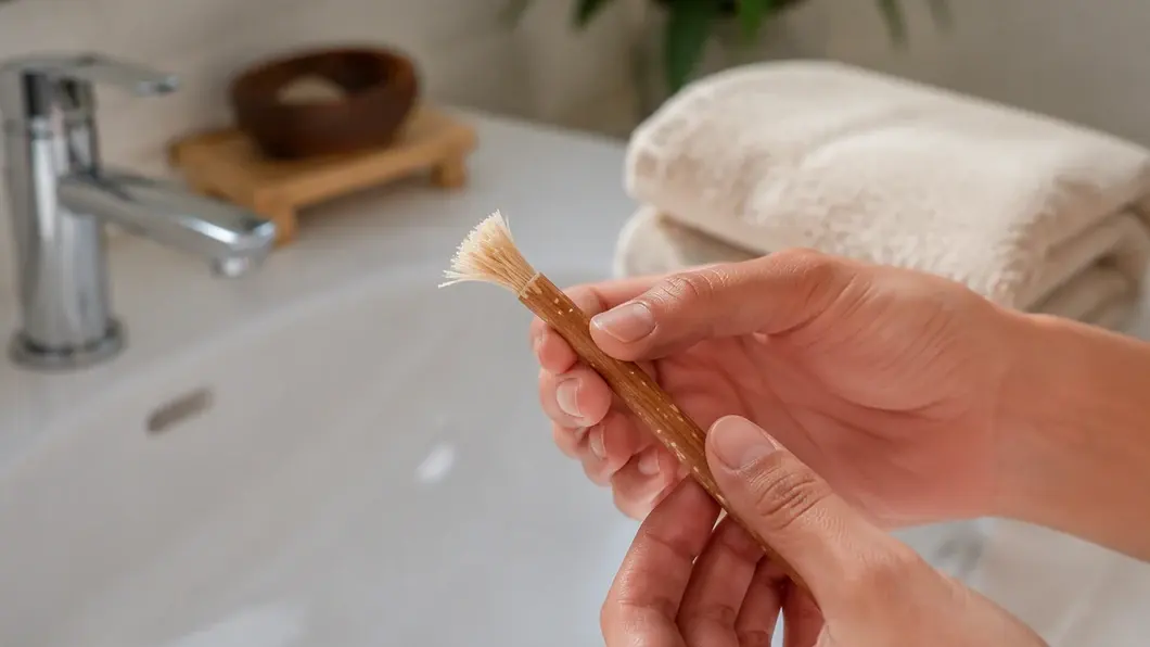Mains préparant doucement les fibres courtes d’un miswak au-dessus d’un lavabo