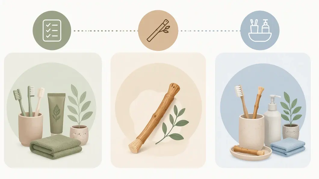 Infographie en trois étapes illustrant une décision pratique entre habitudes, envie d’essayer le siwak et place dans la routine.