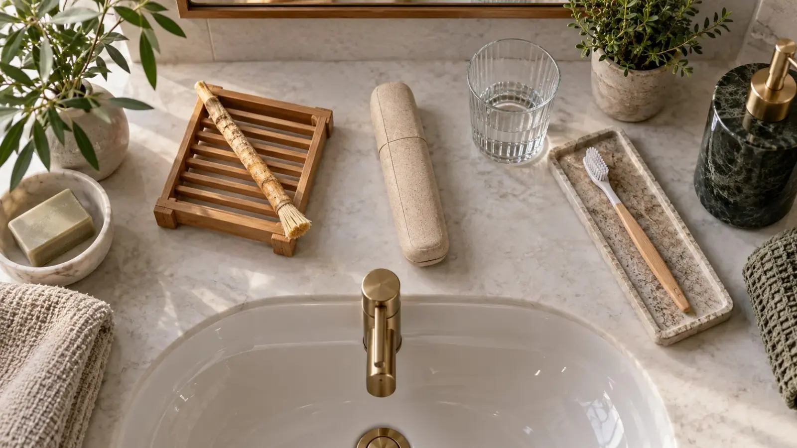 Plan de lavabo organisé avec miswak sur support ouvert, étui de transport et brosse à dents.