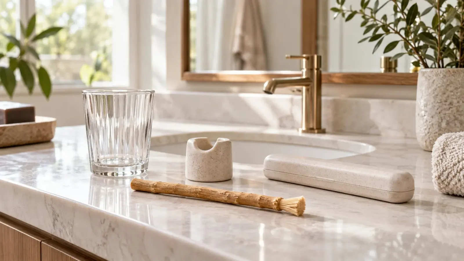 Miswak rincé posé sur un support ouvert près d’un lavabo sec avant rangement.