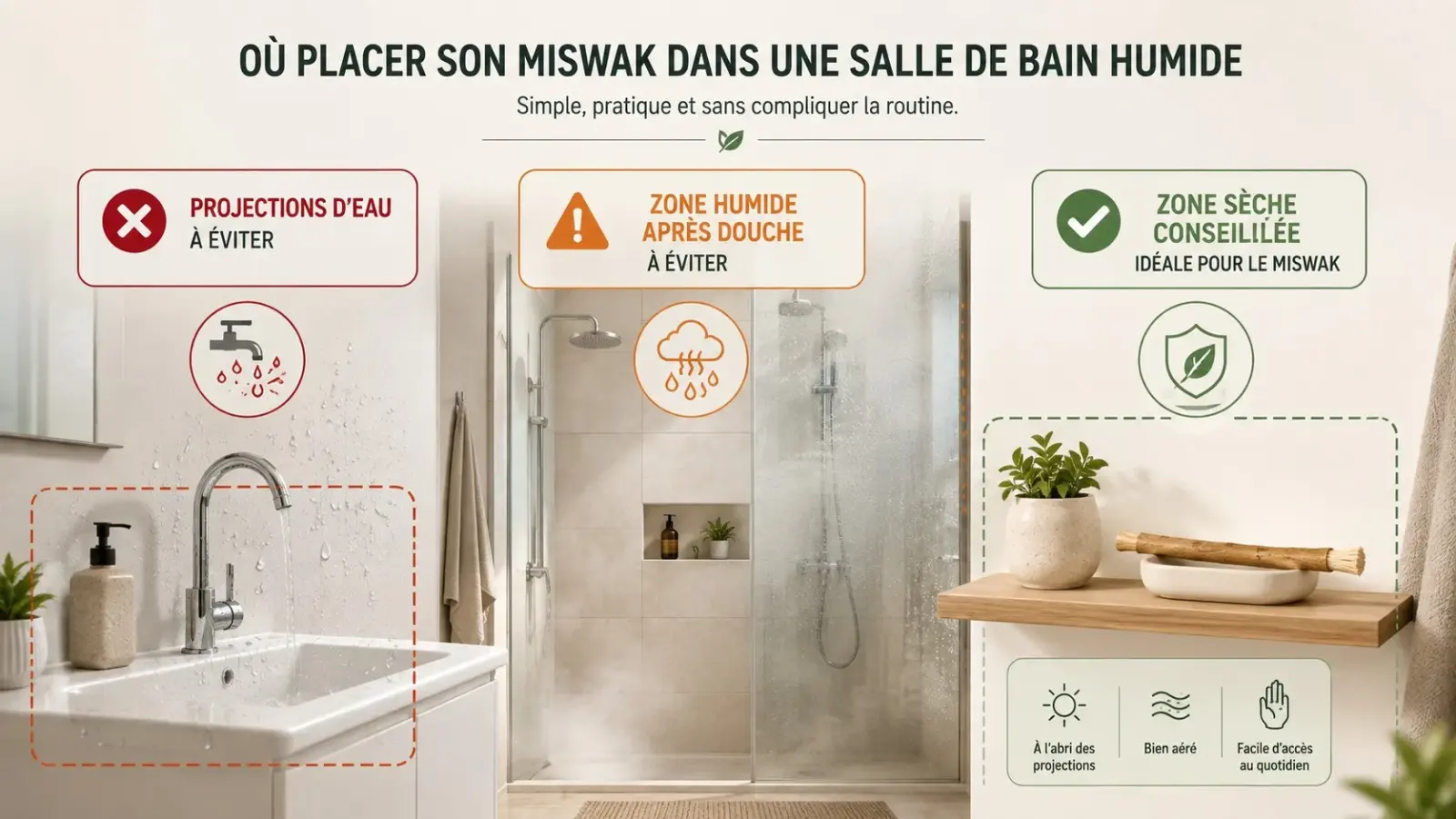 Infographie des zones à éviter et à privilégier pour placer un miswak dans une salle de bain humide