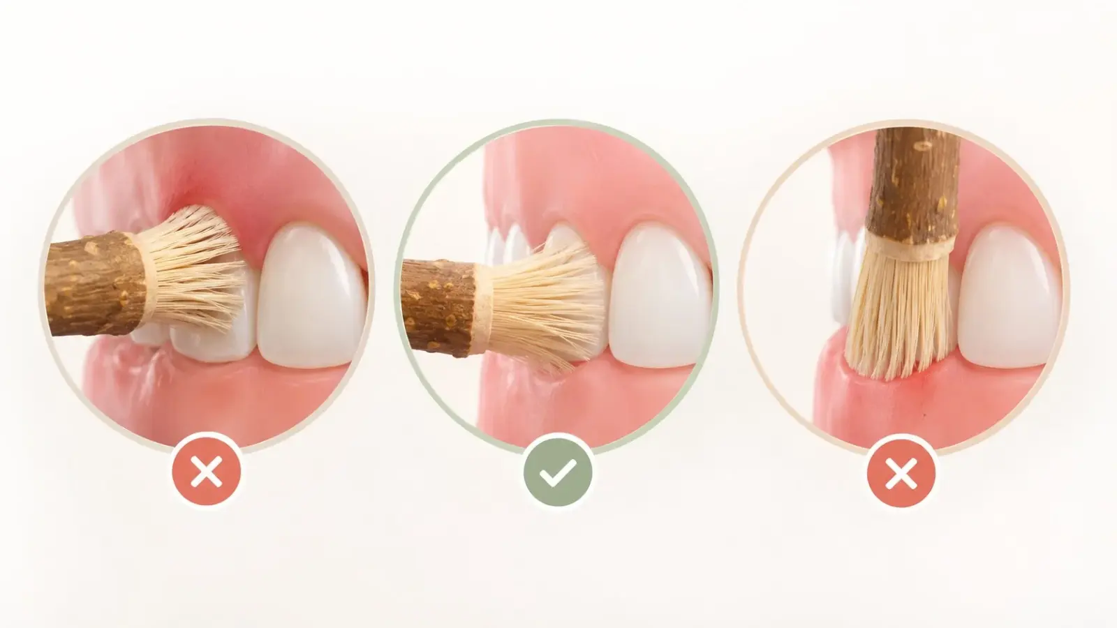 Illustration comparant la pression douce et la pression excessive avec un miswak.