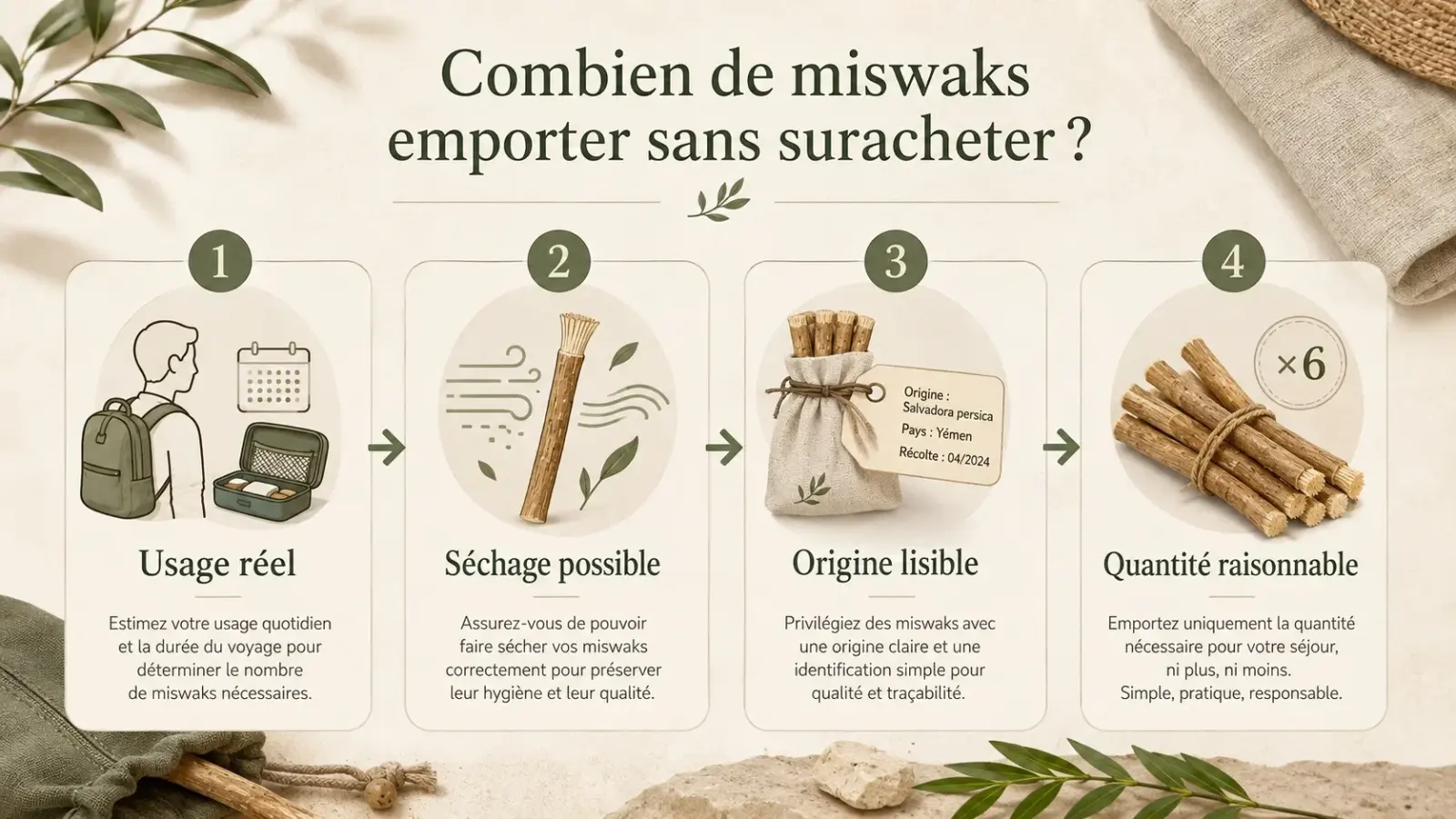 Infographie des critères pour prévoir un miswak en voyage sans suracheter