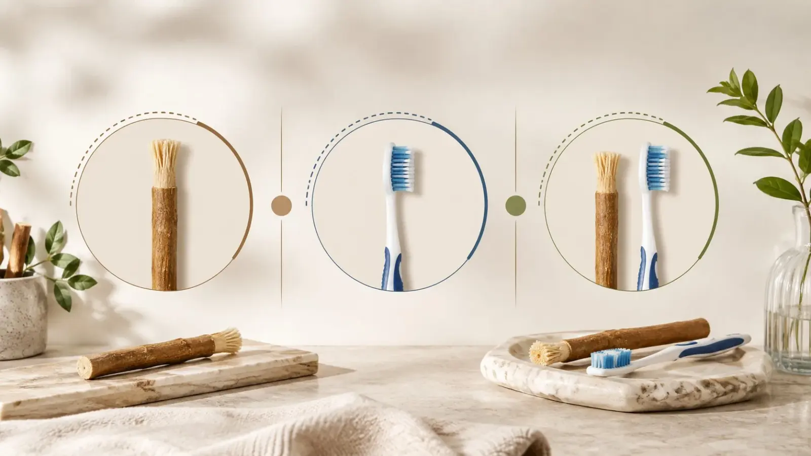 Illustration comparant visuellement le miswak seul, la brosse à dents seule et leur association.