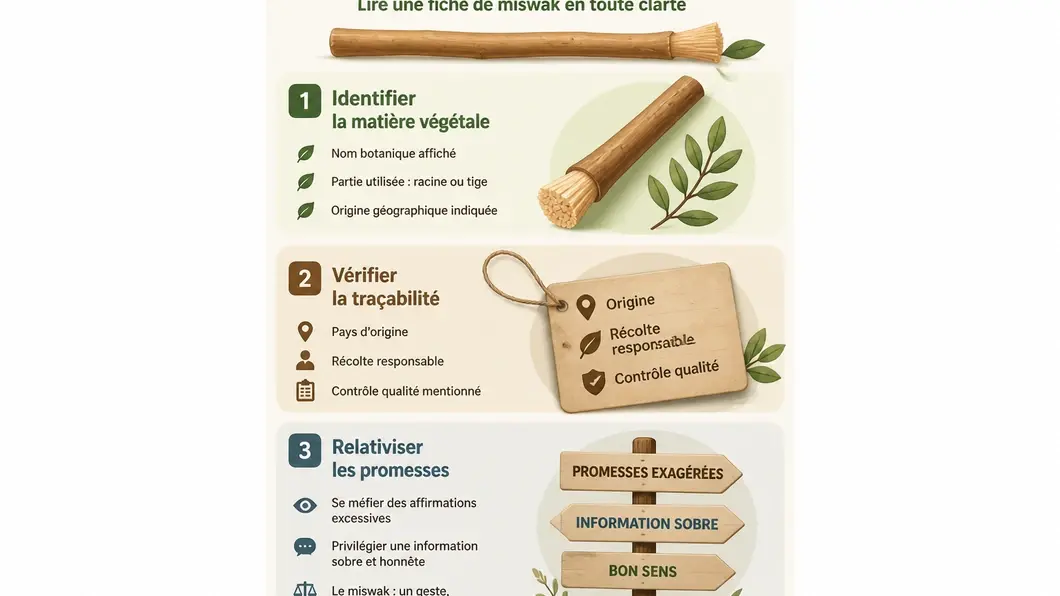 Infographie en trois zones pour vérifier la composition et la traçabilité d’un miswak.