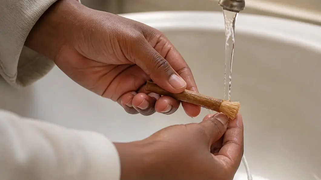 Main rinçant l’extrémité courte d’un miswak au-dessus d’un lavabo propre.