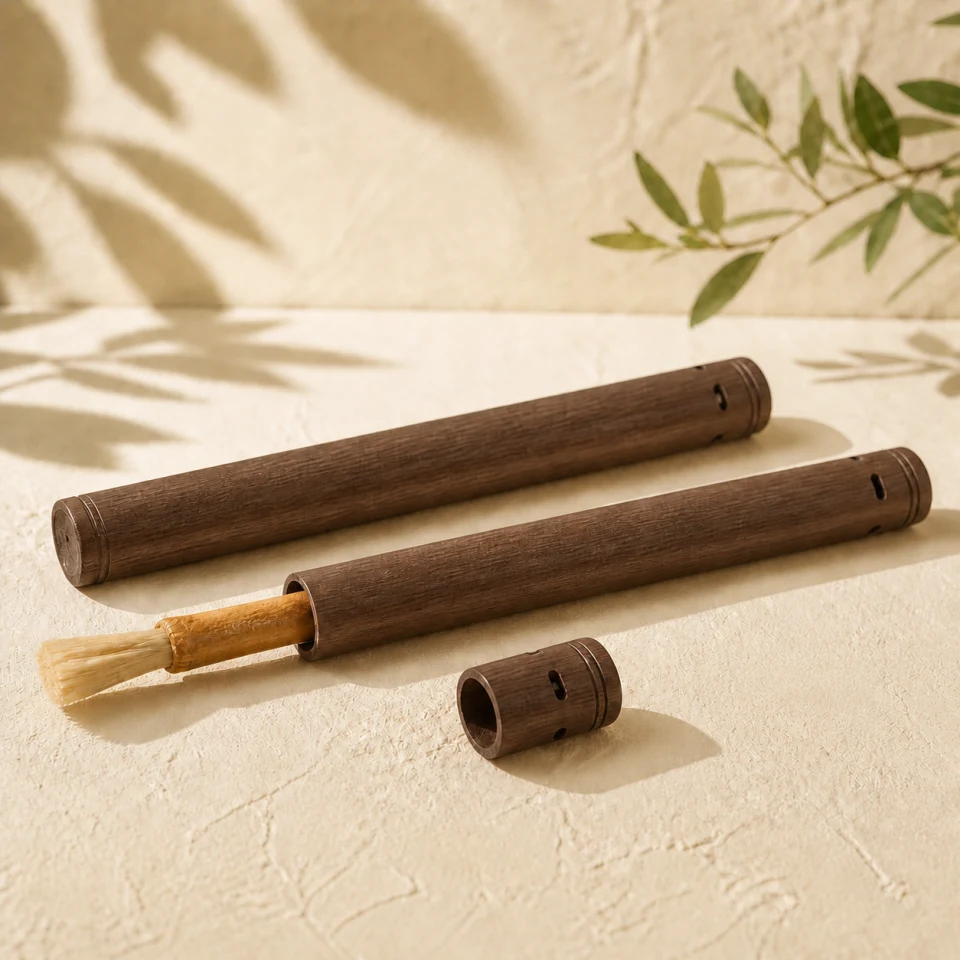 Présentation provisoire de deux étuis en bois pour miswak
