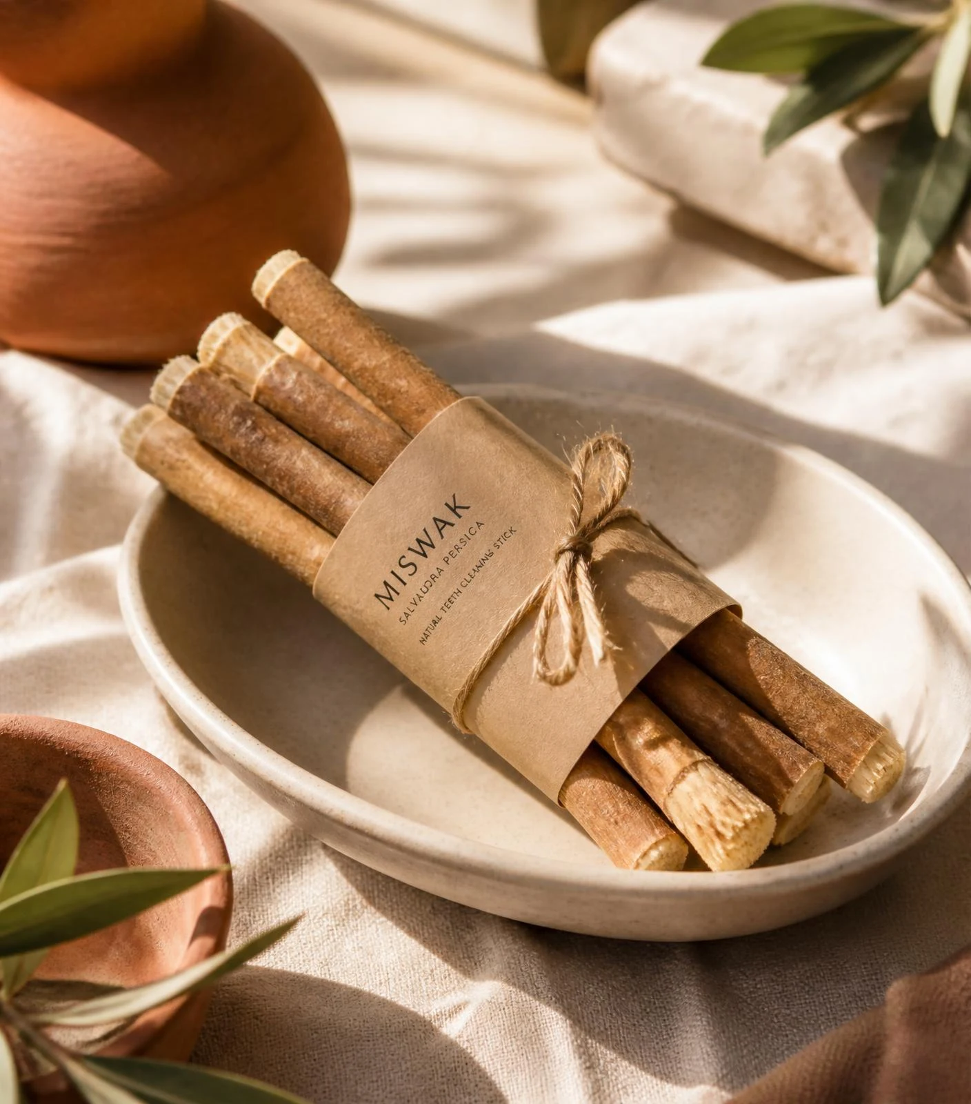 Bâtons de miswak liés d’un bandeau kraft dans une coupelle en céramique