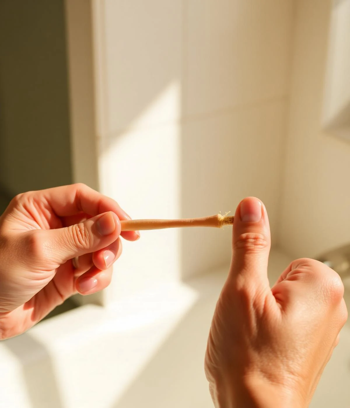 Mains séparant les fibres d’un bâton de miswak